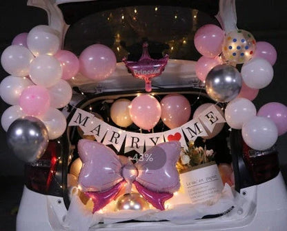 Romantic car trunk proposal decoration kit with balloons, lights, and proposal accessories