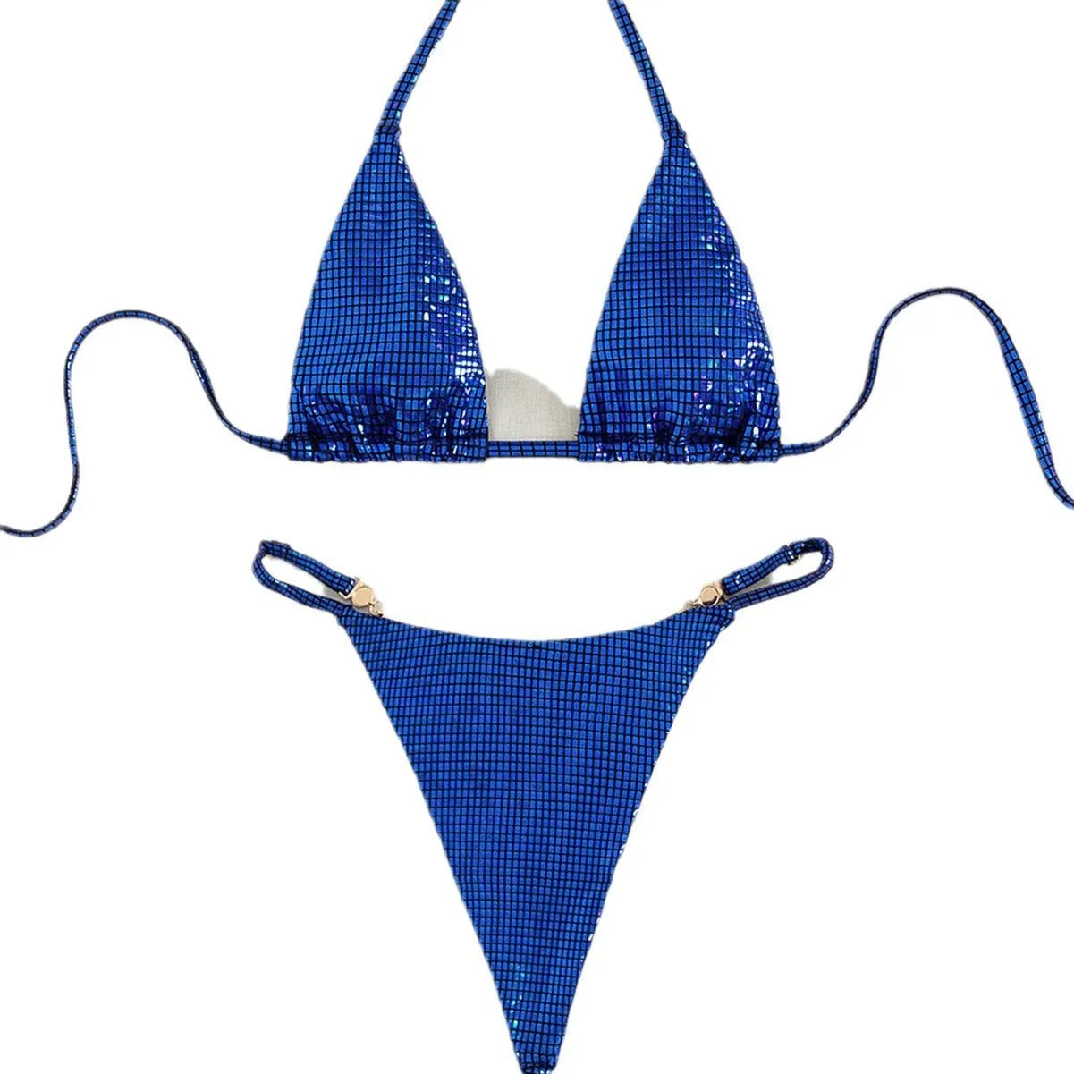 Solid blue women's T-back bikini set laid flat, showing bra and briefs.