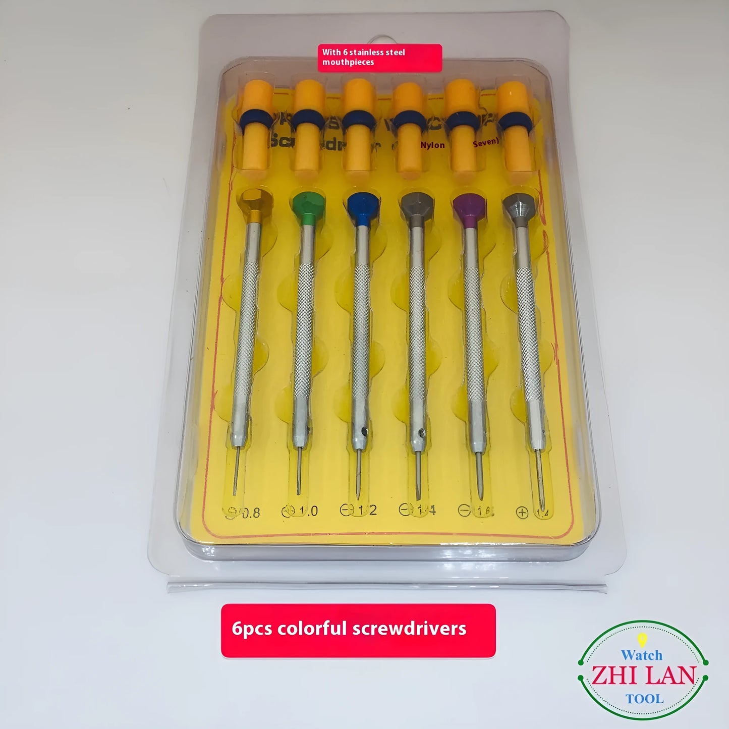 Watch repair tool screwdriver set with 6 colour-coded aluminium handles for precise watch maintenance