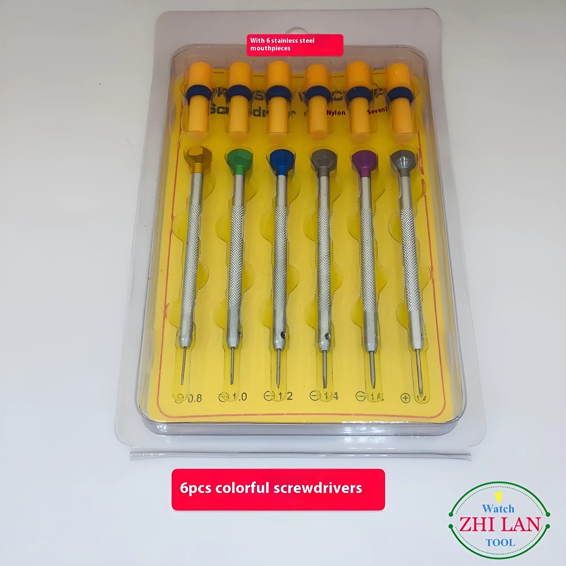 Watch repair tool screwdriver set with 6 colour-coded aluminium handles for precise watch maintenance