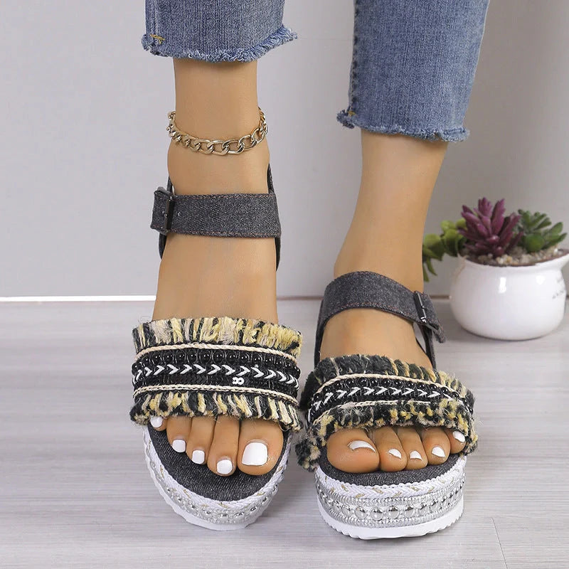 Women's denim tassel sandals with thick flat heel and hemp rope sole in black and blue