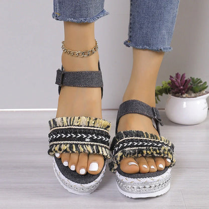 Women's denim tassel sandals with thick flat heel and hemp rope sole in black and blue
