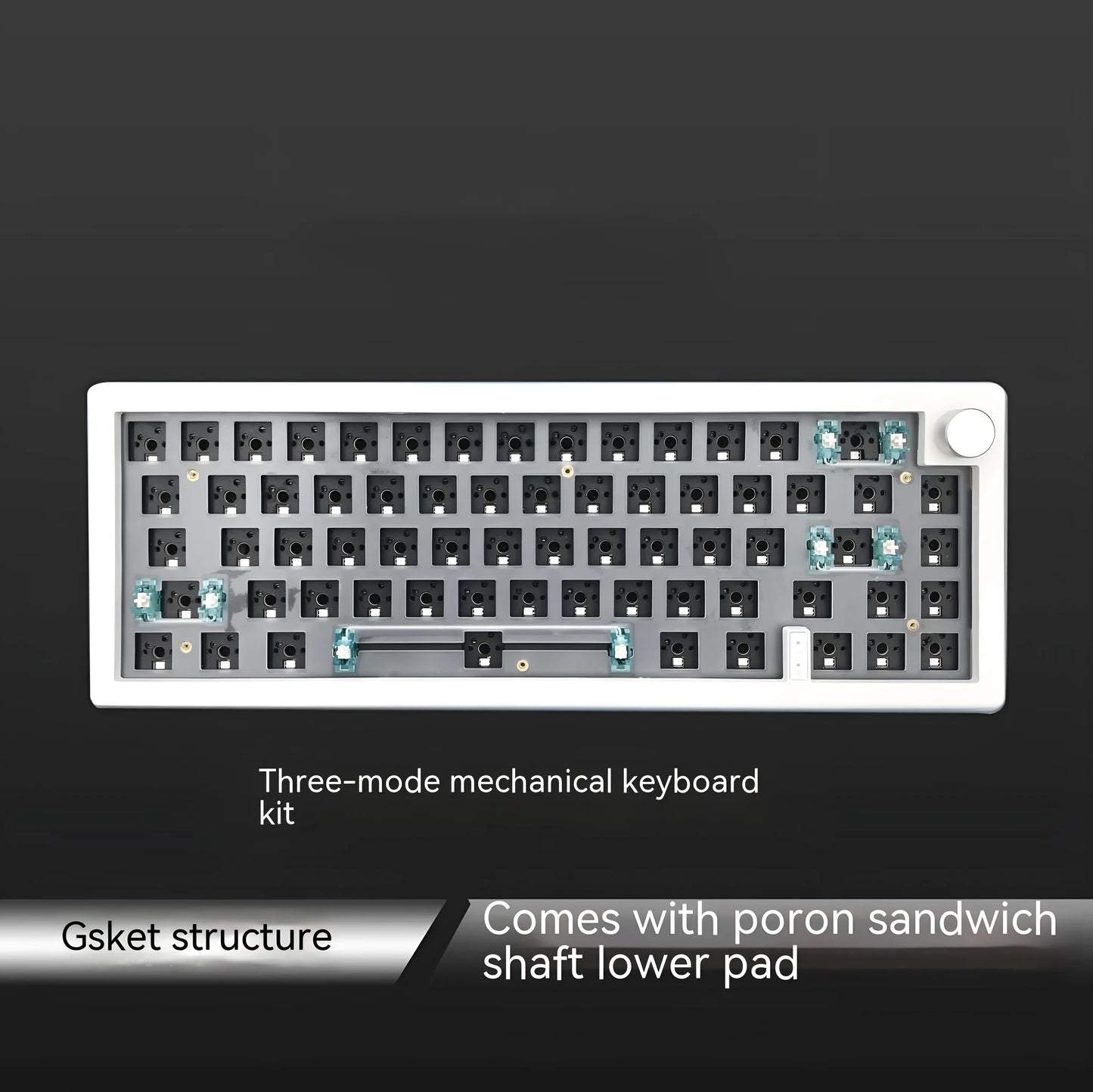 Customisable DIY mechanical keyboard kit with RGB backlighting and control knob, shown in multiple colour options