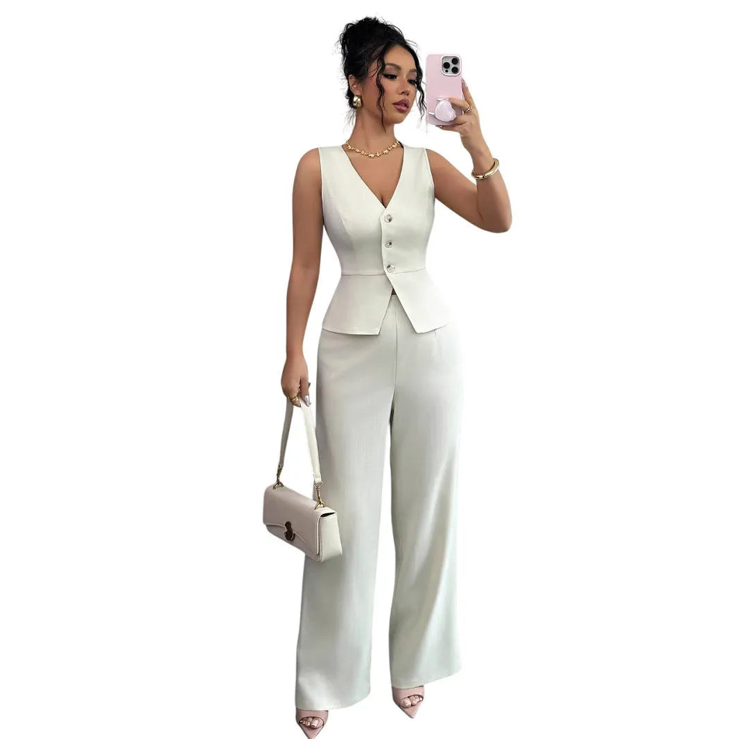 Women's sleeveless vest and high-waist trousers two-piece set in solid colour