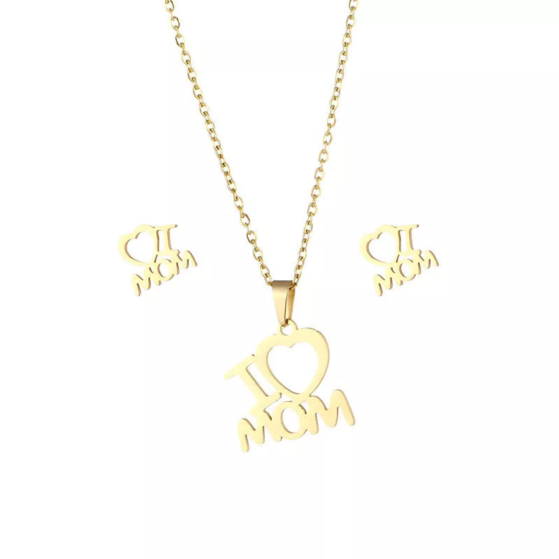Stainless steel I Love Mom heart pendant necklace and earrings set in gold