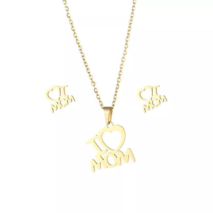 Stainless steel I Love Mom heart pendant necklace and earrings set in gold