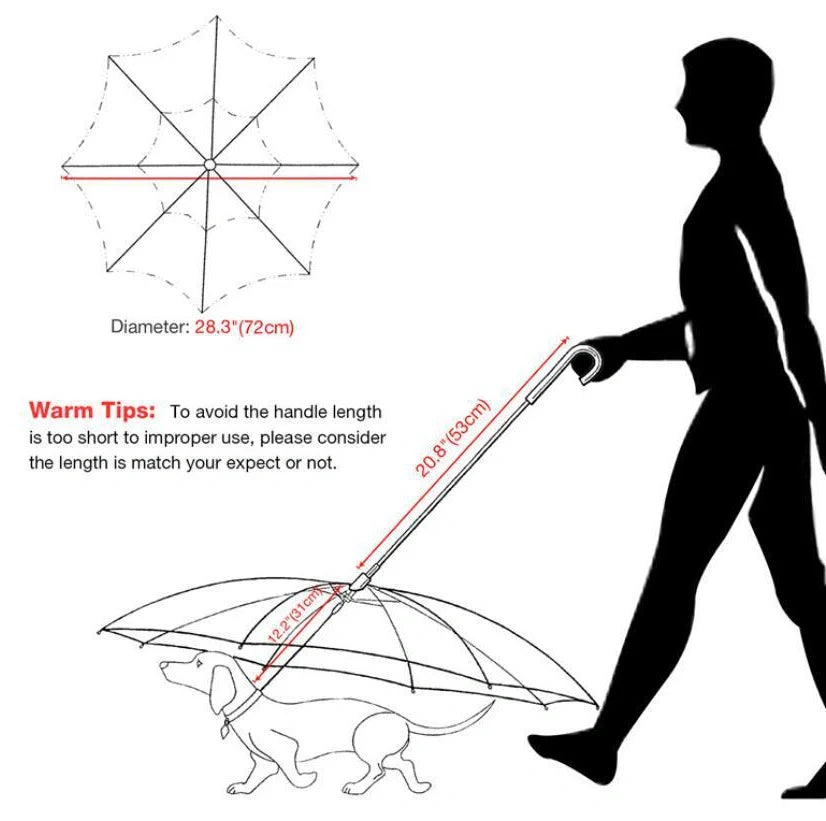 Transparent dog umbrella with stainless steel chain attached to harness for rainy walks