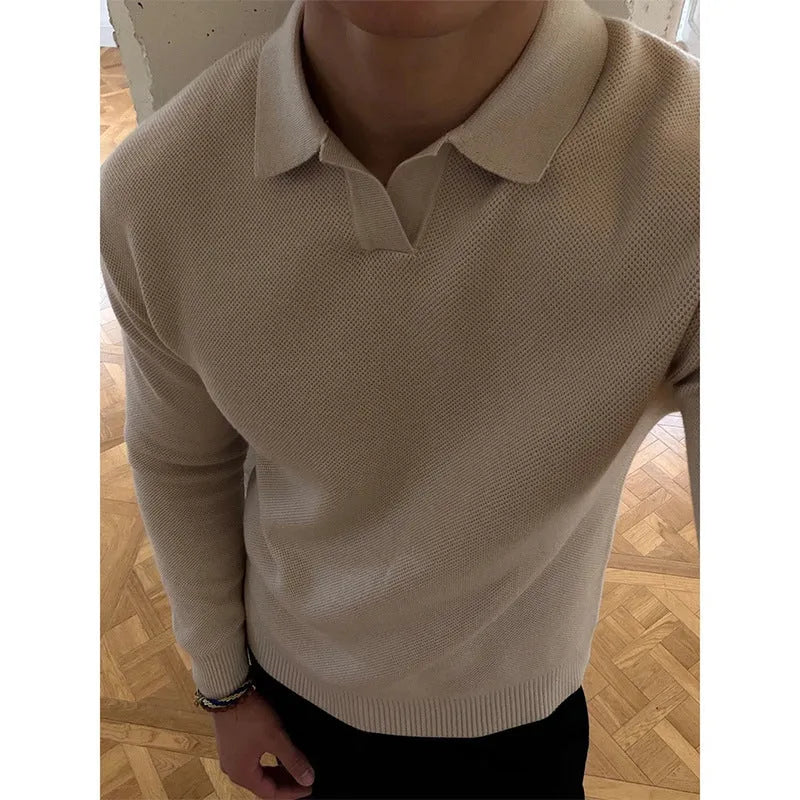 Men's loose fit knitted sweater in black or apricot, long sleeve pullover with wrinkle-free polyester blend, Japanese fresh casual style