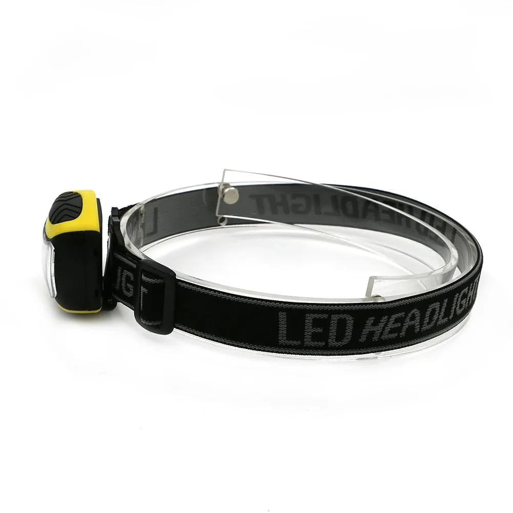 Yellow plastic headlamp with adjustable headband and COB LED light, showing three-speed control buttons.