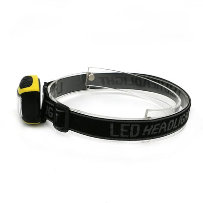 Yellow plastic headlamp with adjustable headband and COB LED light, showing three-speed control buttons.