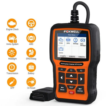 Foxwell NT510 automotive diagnostic tool with orange and black design, large TFT colour screen, and data cable for OBD scanning