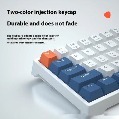 Small white 61-key mechanical keyboard with hot-swappable sockets and a black USB cable.