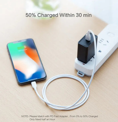 White one-metre USB-C to Lightning charging cable for iPhone on a plain background