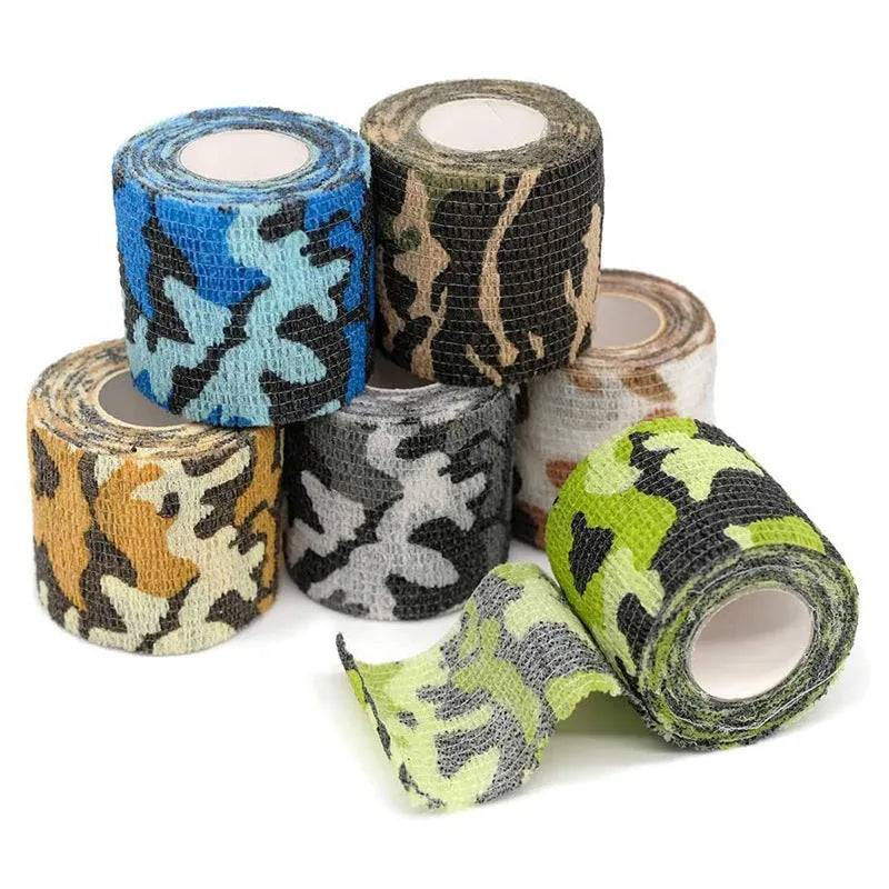 Roll of non-woven elastic camouflage bandage tape in a forest pattern, 4.5 metres long and 5cm wide.