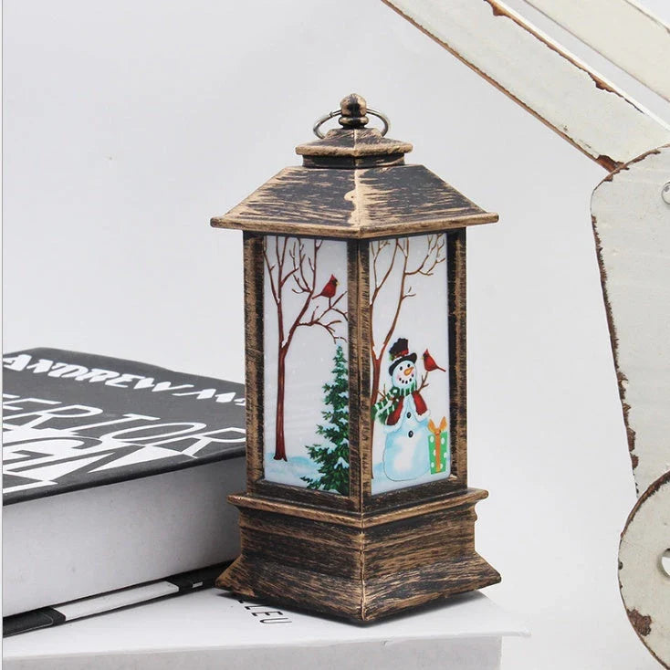 Festive LED Christmas lanterns with Santa Claus, snowman, and other holiday-themed designs