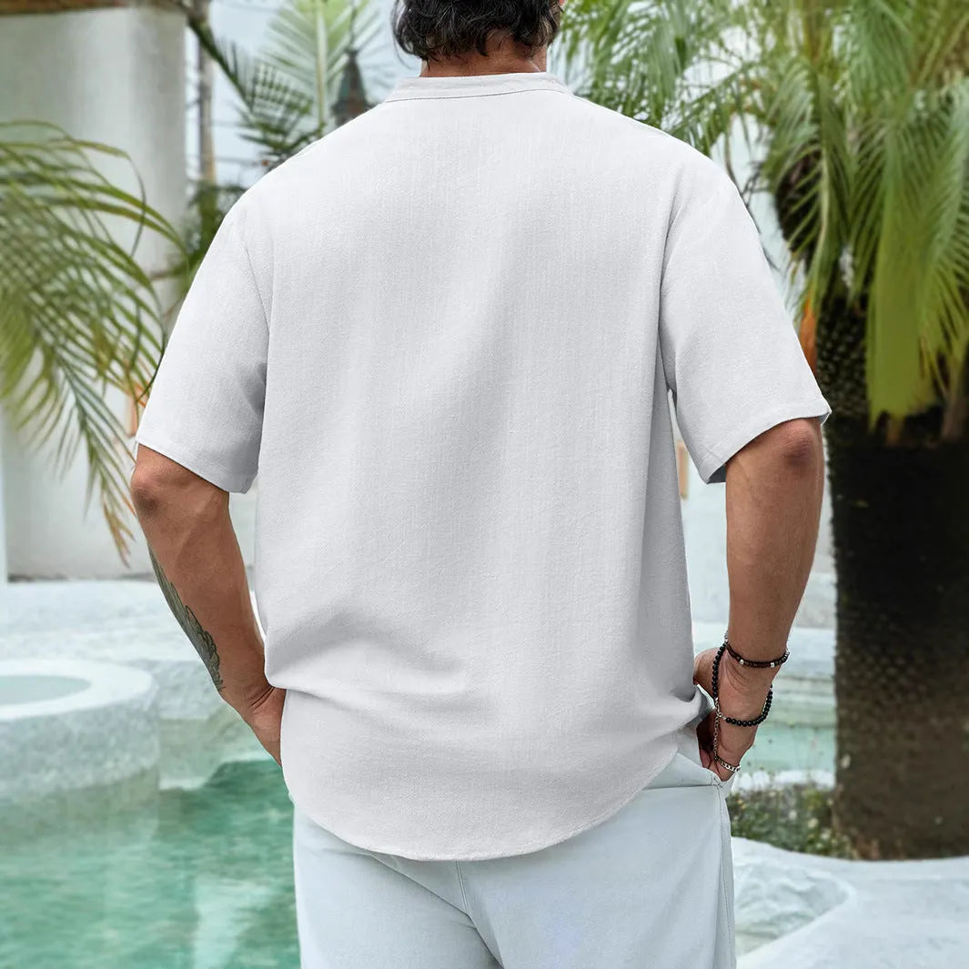 Men's deep V-neck short sleeve casual shirt in cotton linen blend fabric with multi-button front