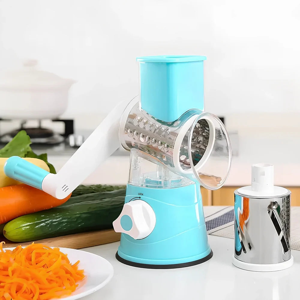 Blue hand drum rotary grater with stainless steel blades for cutting vegetables