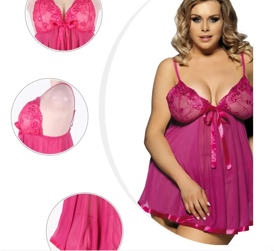 Women's purple lace lingerie sling dress with mesh panels in plus size