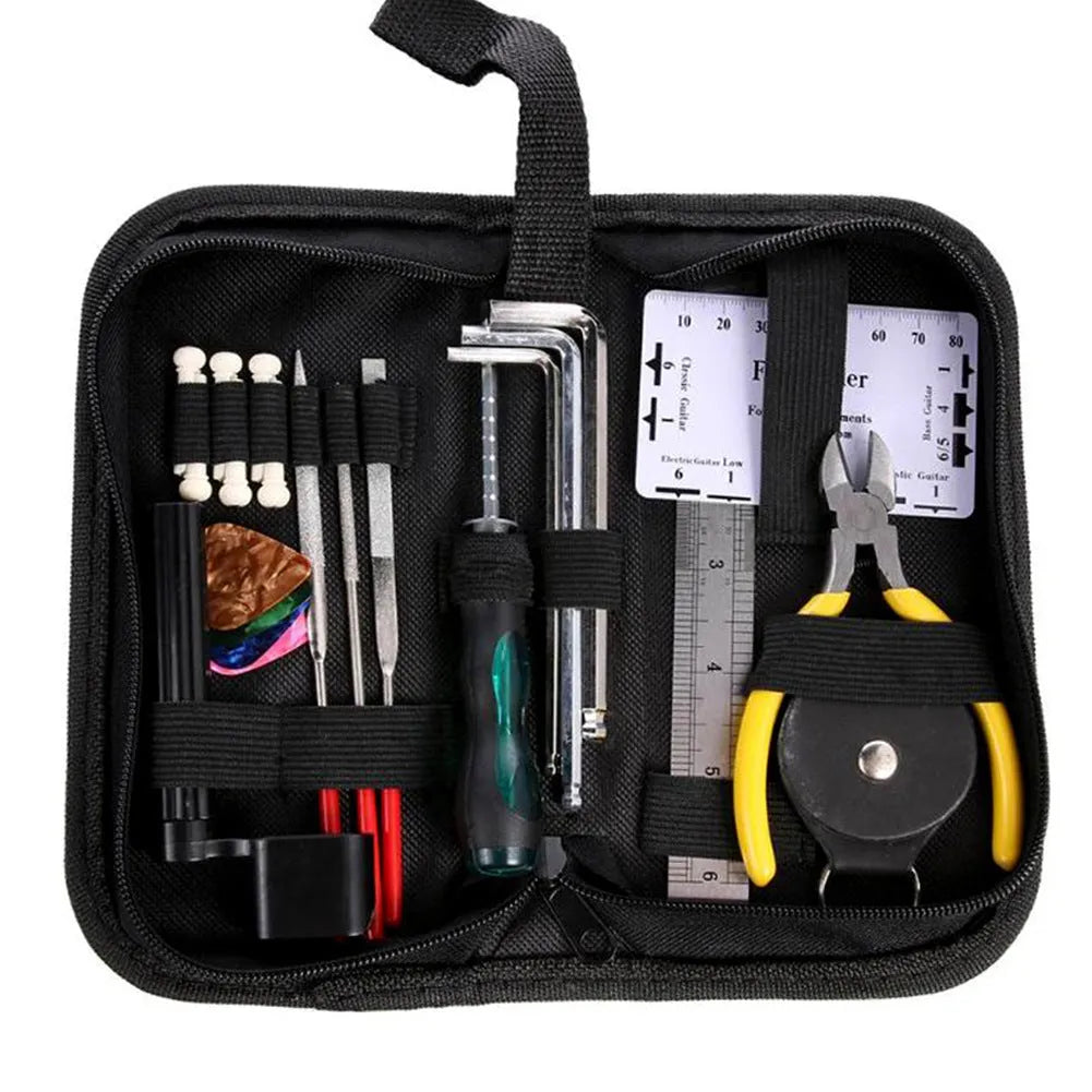 Black guitar repair kit with tools in a 200x100x45mm case for guitars, basses, mandolins, banjos