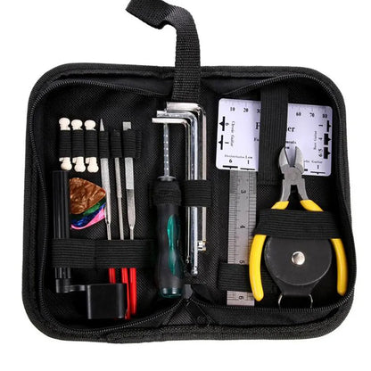 Black guitar repair kit with tools in a 200x100x45mm case for guitars, basses, mandolins, banjos