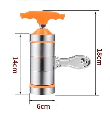 Stainless steel pasta maker with interchangeable noodle molds for creating homemade pasta in various shapes and sizes