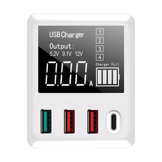 White 4-port QC3.0 and Type-C fast travel charger with British plug option on wooden surface