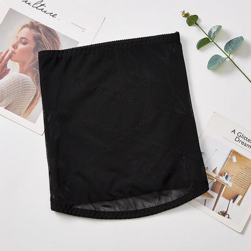 Postpartum waist slimming belt in black mesh fabric with cross-waistband design