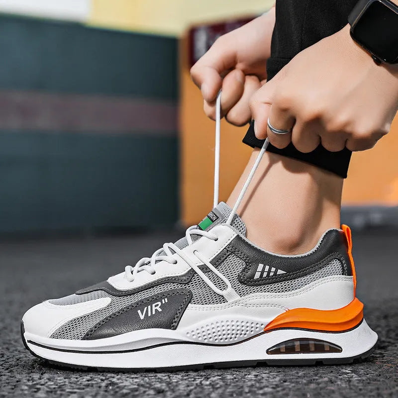 Men's gray mesh casual shoes with round toe and lightweight EVA sole