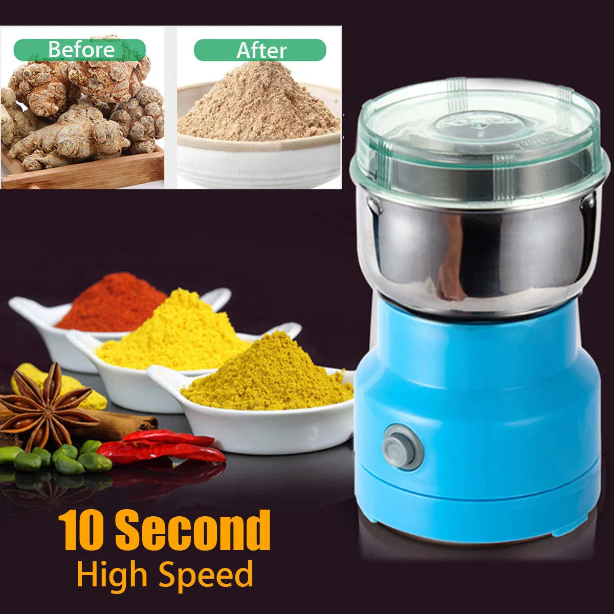 Versatile Electric Grain Grinder with stainless steel construction, transparent cover, and powerful 150-watt motor for grinding whole grains, coffee beans, and spices