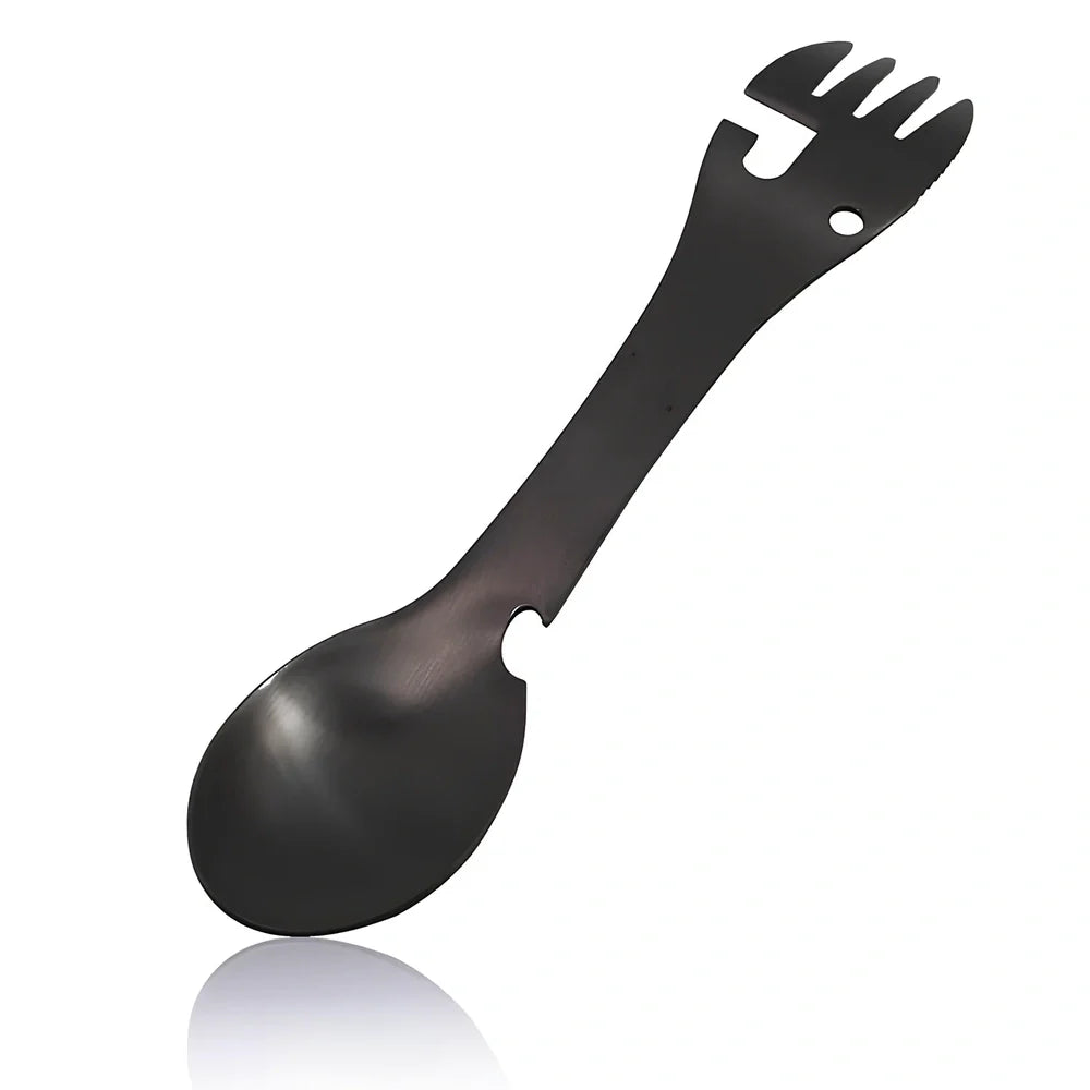 Silver stainless steel camping multitool with fork, spoon, serrated cutter, can opener, bottle opener, and keychain hole