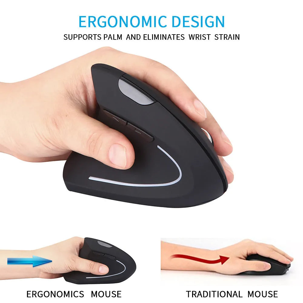 Black left hand vertical wireless mouse with DPI button, thumb buttons, 108g, 4.92 x 2.56 x 3.23 inches