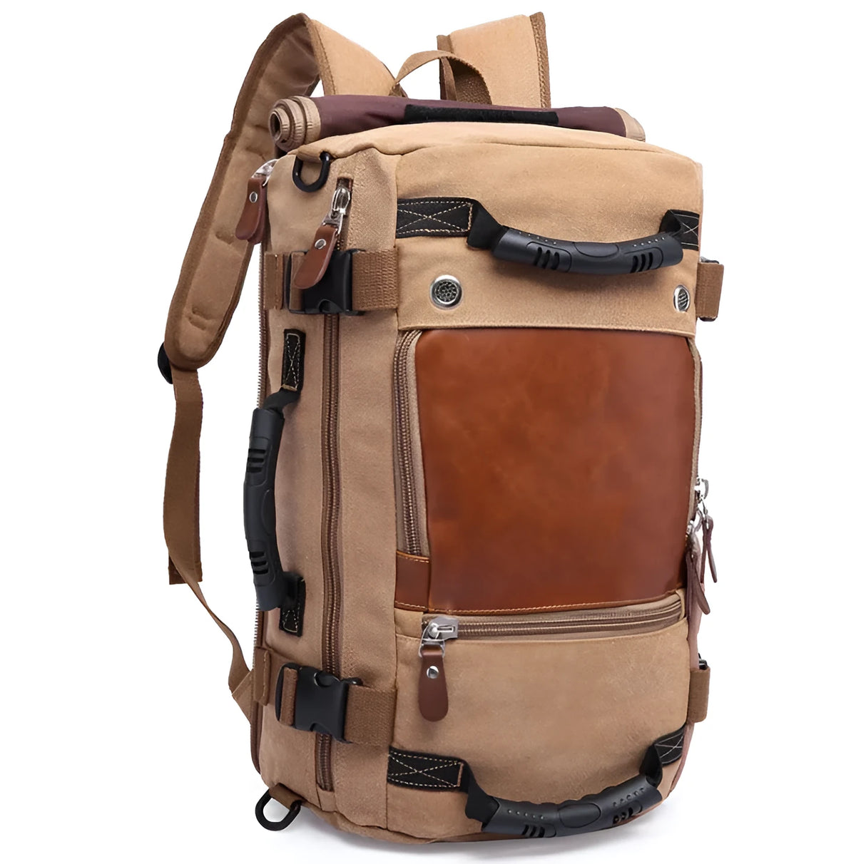 KAKA canvas travel backpack in army green with 36-55L capacity, 14 inch laptop compartment and zip closure