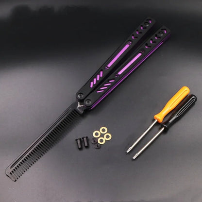 Butterfly knife practice trainer with aluminium handle and G10 grip patches in multiple colour options