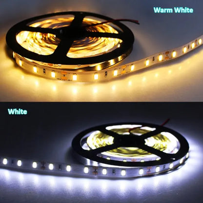 5m waterproof LED strip light with 60 LEDs per metre, white PCB 8mm wide, in white, warm white, or RGB.