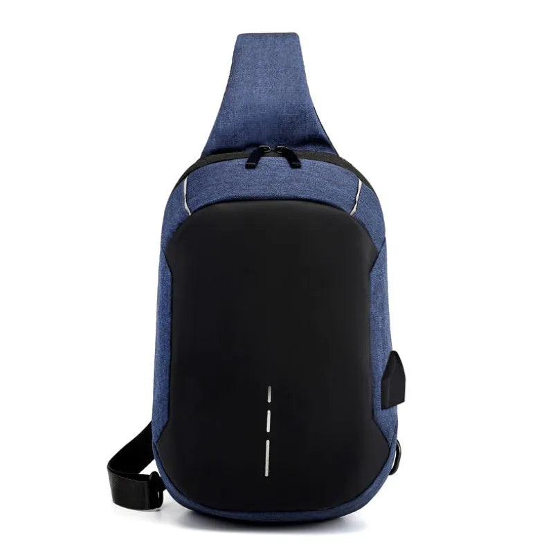 Dark blue Oxford waterproof chest bag with zipper opening, measuring 18cm wide by 31cm high