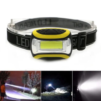 Yellow plastic headlamp with adjustable headband and COB LED light, showing three-speed control buttons.