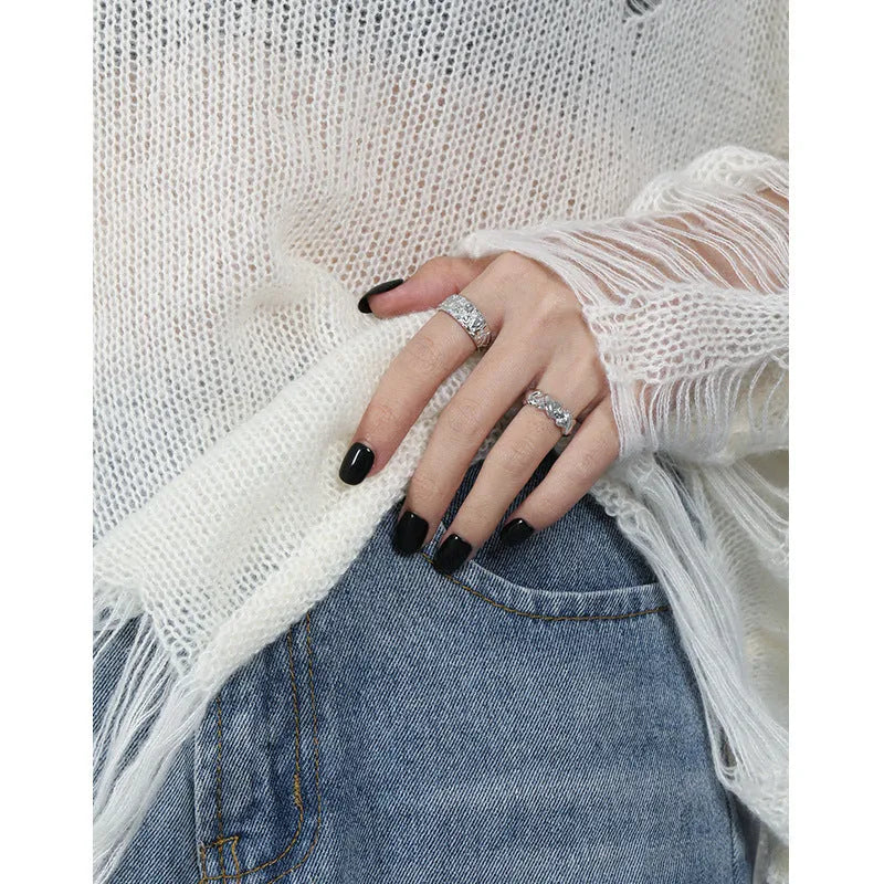 Hammered texture S925 sterling silver adjustable opening ring with white gold colour electroplating