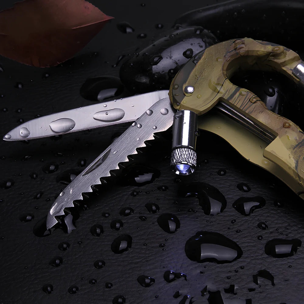 Camouflage multifunctional carabiner with stainless steel tools and LED light, weighing 79g