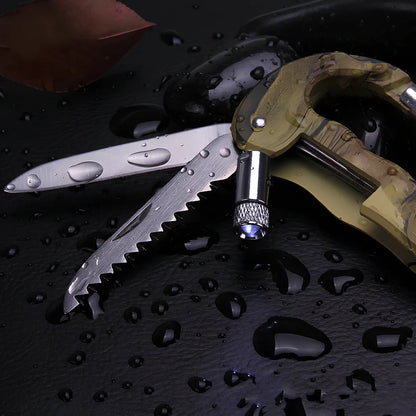 Camouflage multifunctional carabiner with stainless steel tools and LED light, weighing 79g
