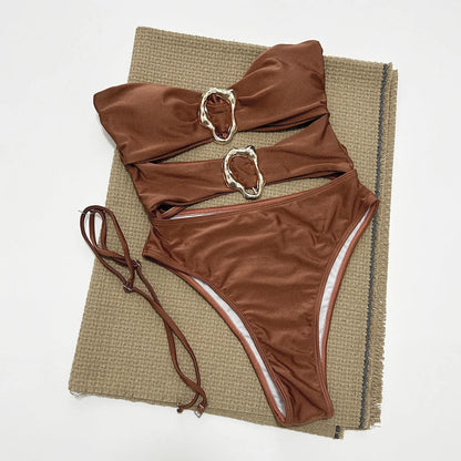 Women's solid colour one-piece swimsuit in black, brown, or red with nylon spandex lining, sizes S M L