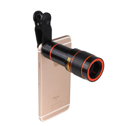 Versatile 12X zoom telescope lens clip-on accessory for smartphone cameras