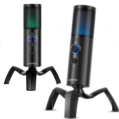 Black Q18 condenser microphone with RGB lighting on adjustable metal tripod for home recording