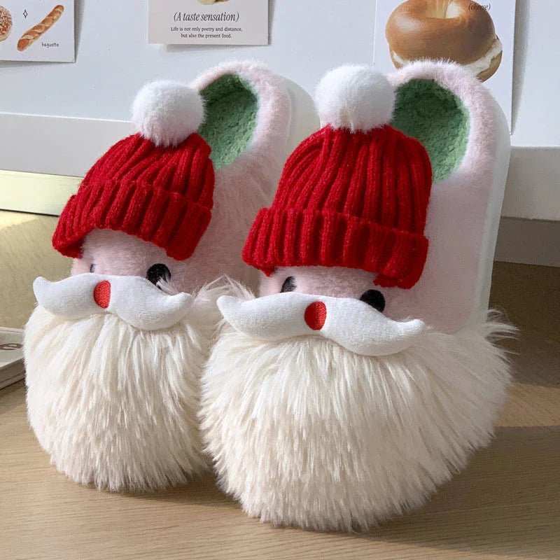 Cozy Santa Claus-themed Christmas slippers with plush upper and non-slip EVA sole for indoor comfort and traction