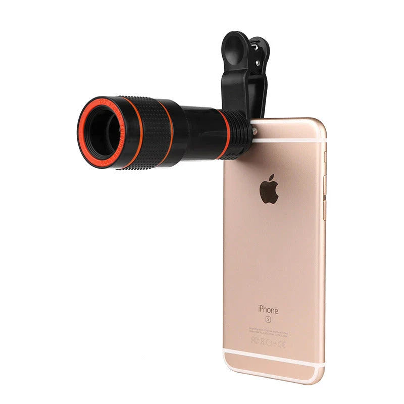 Versatile 12X zoom telescope lens clip-on accessory for smartphone cameras