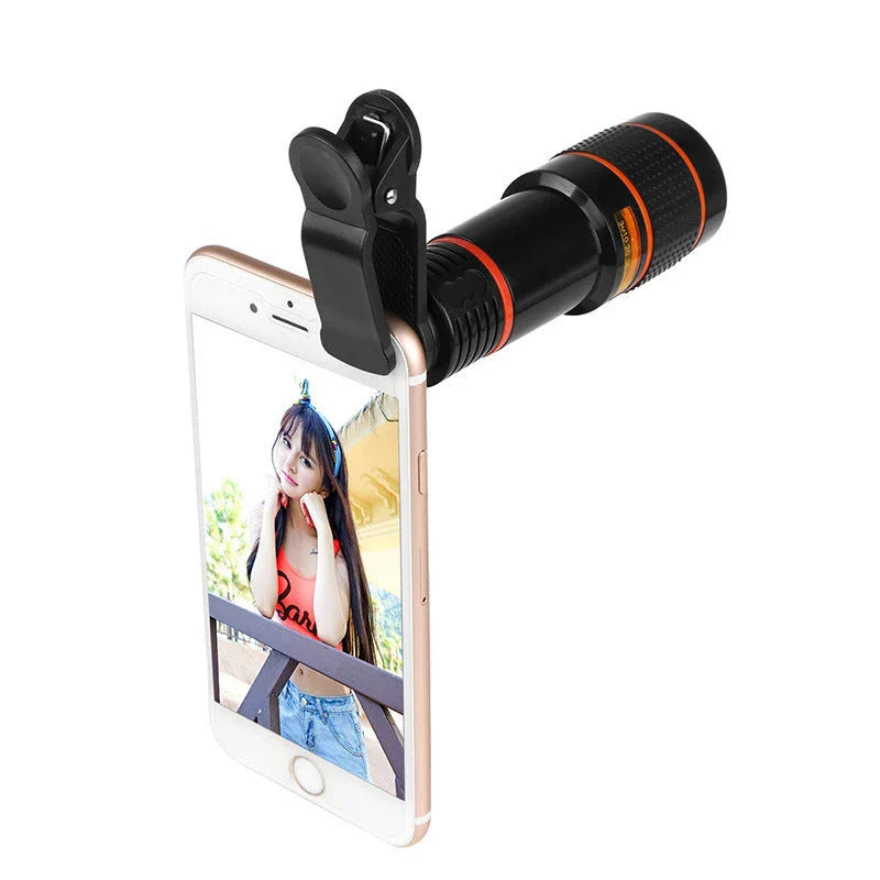 Versatile 12X zoom telescope lens clip-on accessory for smartphone cameras