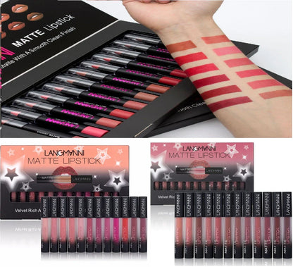 Matte velvet lipstick set with 12 vibrant, long-lasting shades in sleek, travel-friendly packaging