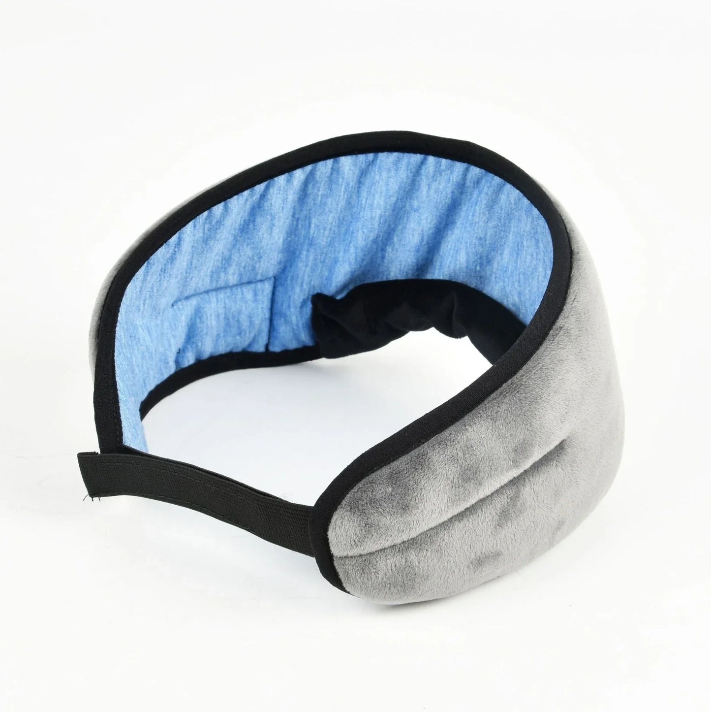 Black contoured eye mask with adjustable straps showing measurements of 20cm width and 10cm height