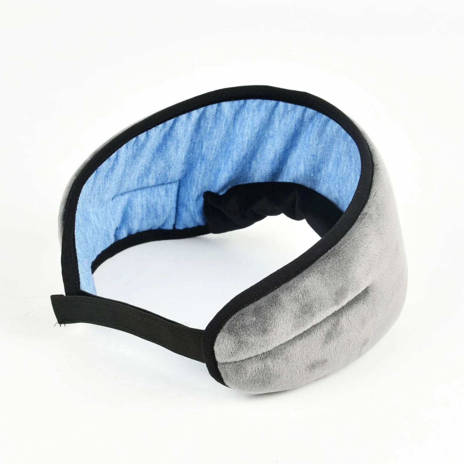 Black contoured eye mask with adjustable straps showing measurements of 20cm width and 10cm height