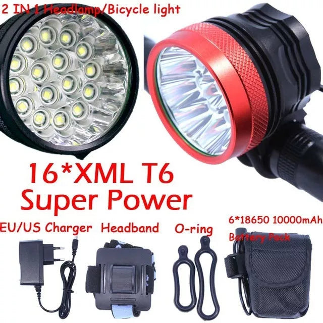 Sixteen Light Bicycle Headlight with 16 T6 lamp beads and 250-meter range in red, blue, or black