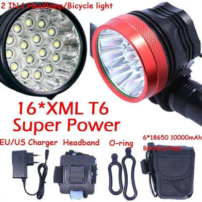 Sixteen Light Bicycle Headlight with 16 T6 lamp beads and 250-meter range in red, blue, or black